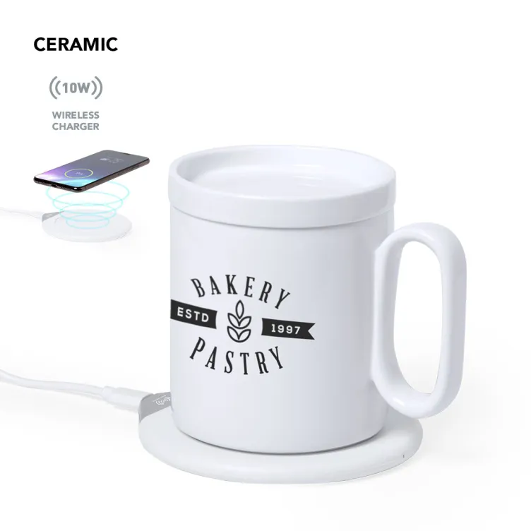 Calentador Tazas Cargador Kalan 350 ml. Inalámbrico. Carga Rápida 10W. Conexión USB. Cable Incluido